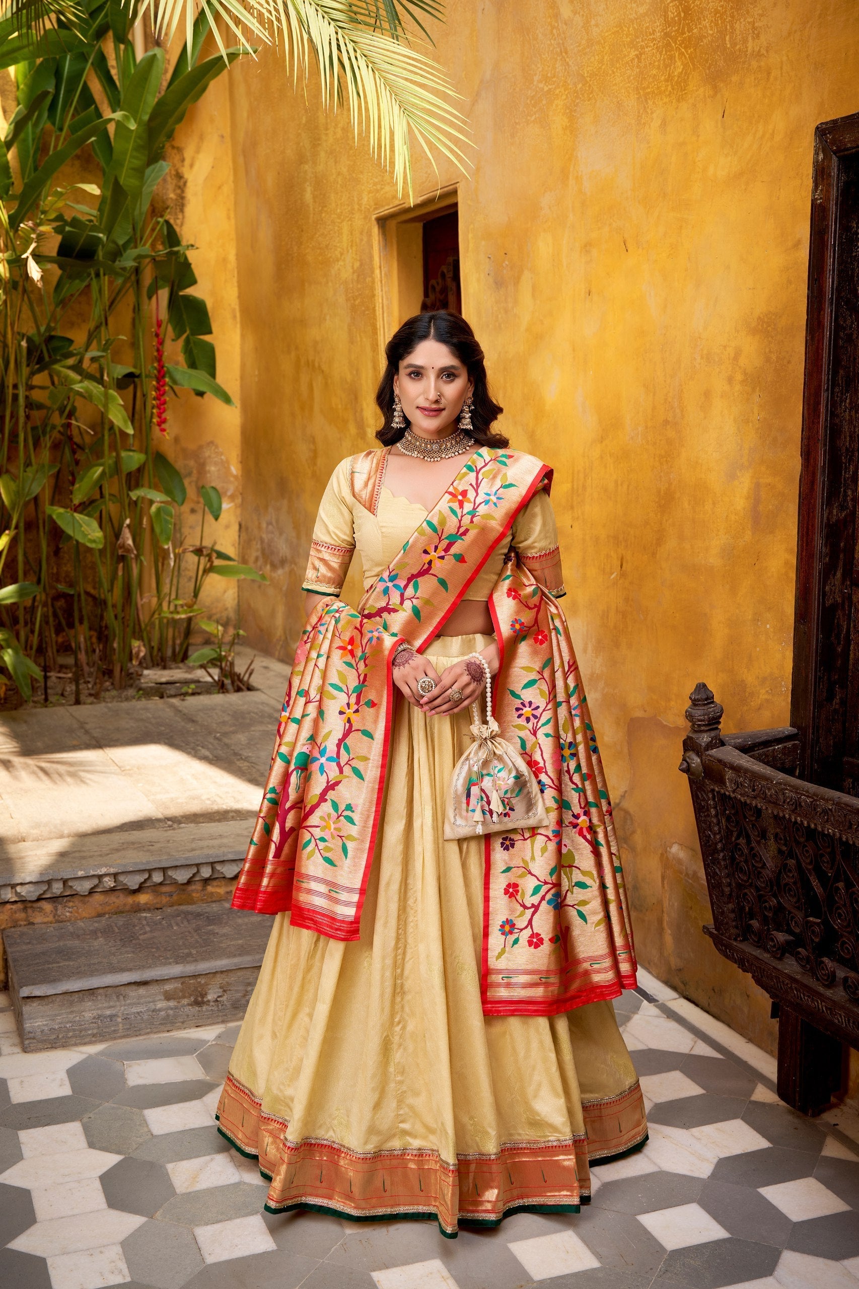 Cream Paithani  Lehenga Set with Batwa