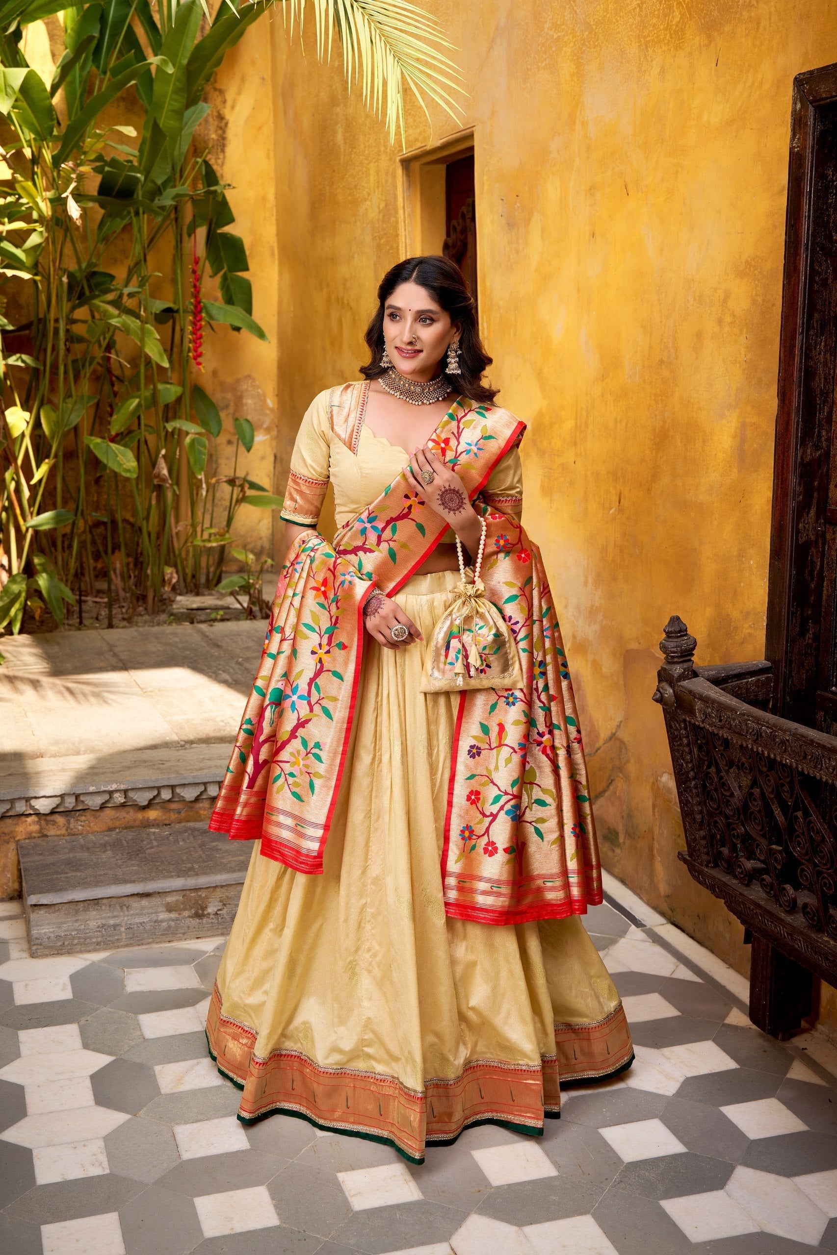 Cream Paithani  Lehenga Set with Batwa