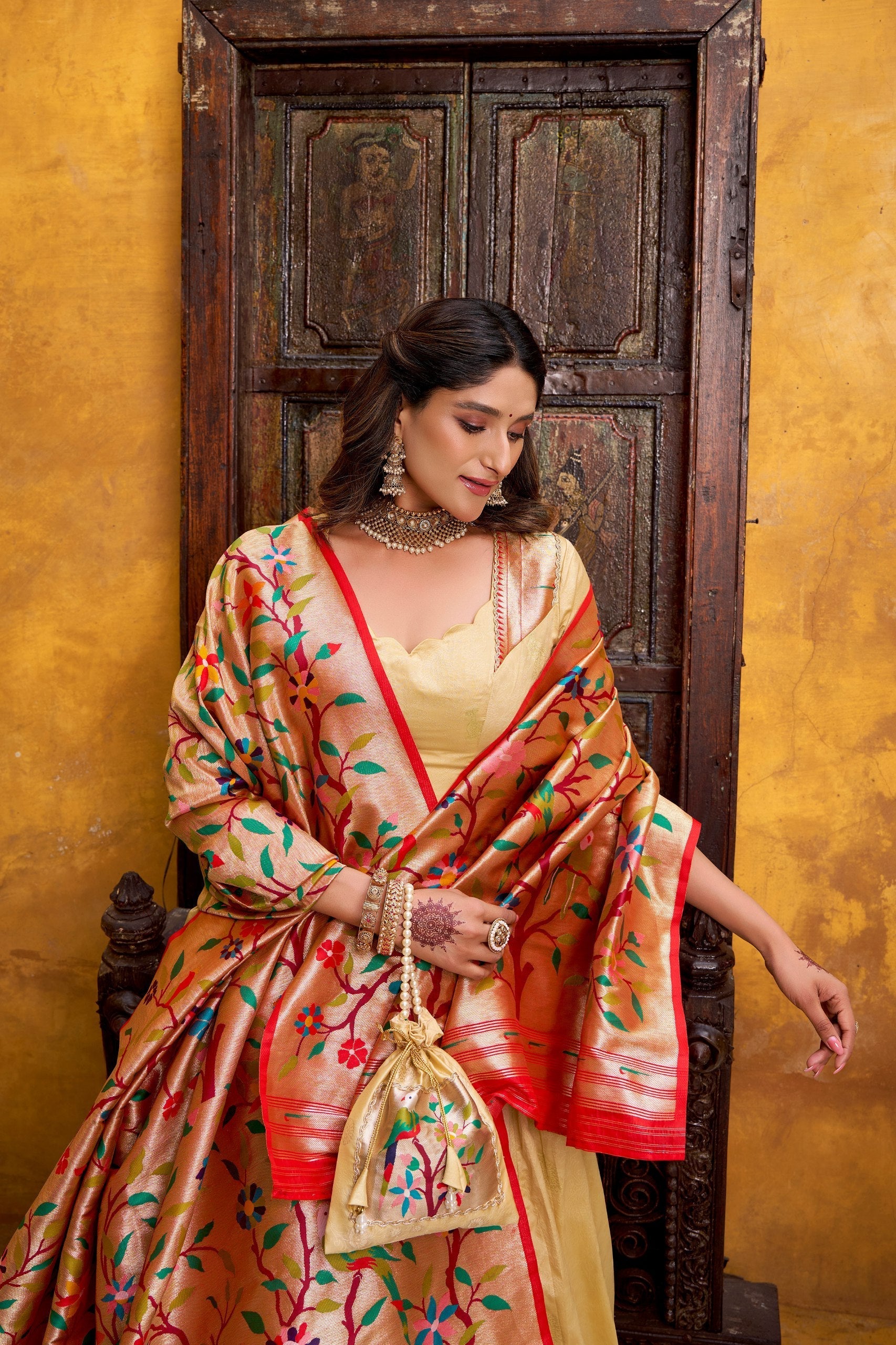 Cream Paithani  Lehenga Set with Batwa