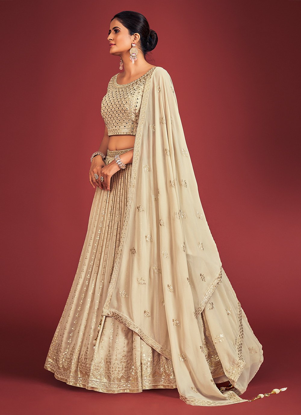 Cream Pakistani Georgette Lehenga Choli For Indian Festivals & Weddings - Sequence Embroidery Work, Mirror Work