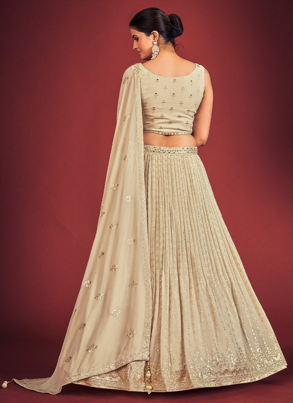 Cream Pakistani Georgette Lehenga Choli For Indian Festivals & Weddings - Sequence Embroidery Work, Mirror Work