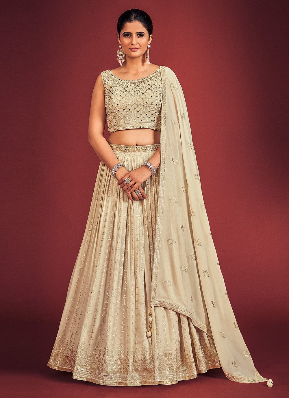 Cream Pakistani Georgette Lehenga Choli For Indian Festivals & Weddings - Sequence Embroidery Work, Mirror Work