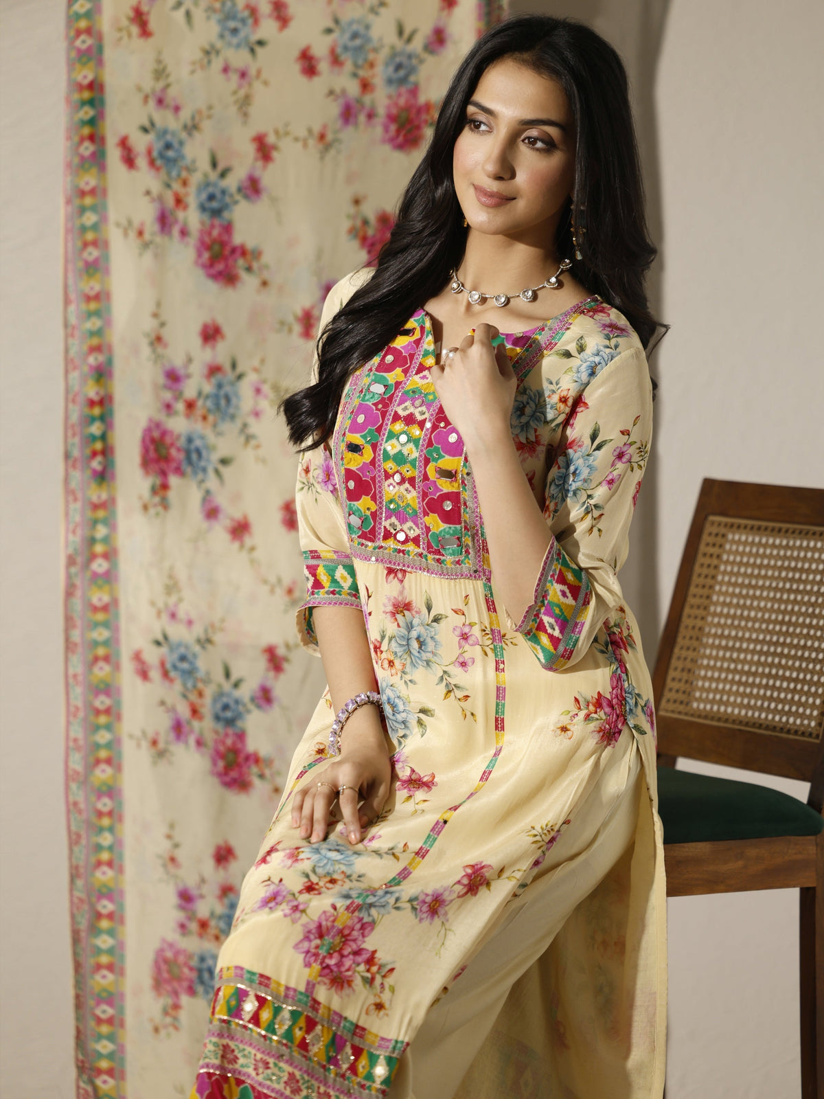 Anouk Cream Printed Chinon Straight Suit Set With Dupatta