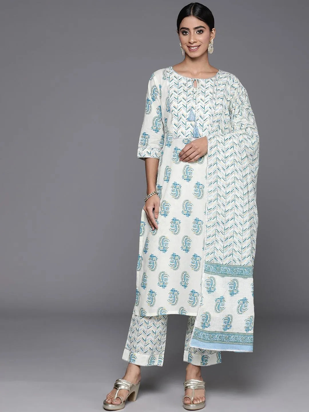 Anouk Cream Printed Cotton Straight Suit With Dupatta