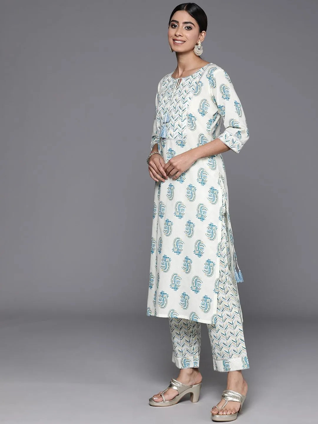 Anouk Cream Printed Cotton Straight Suit With Dupatta