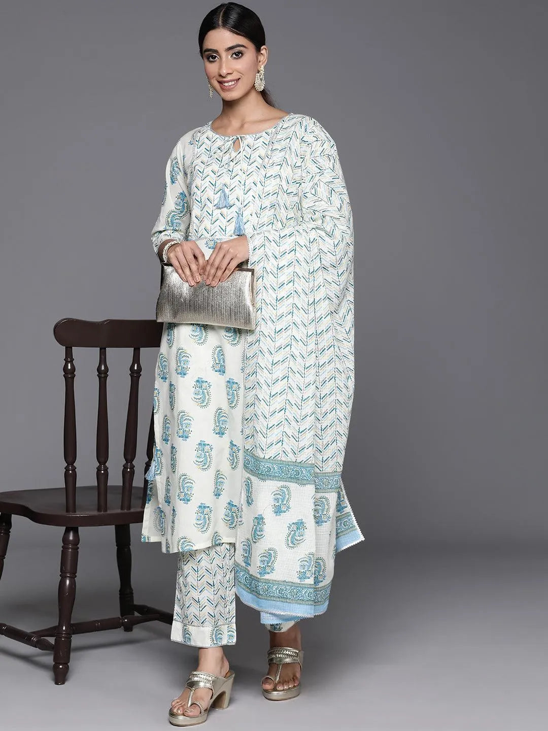 Anouk Cream Printed Cotton Straight Suit With Dupatta