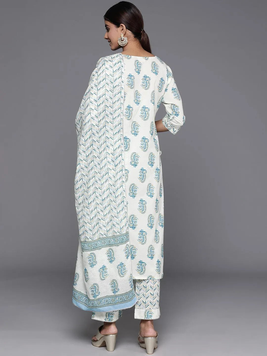 Anouk Cream Printed Cotton Straight Suit With Dupatta