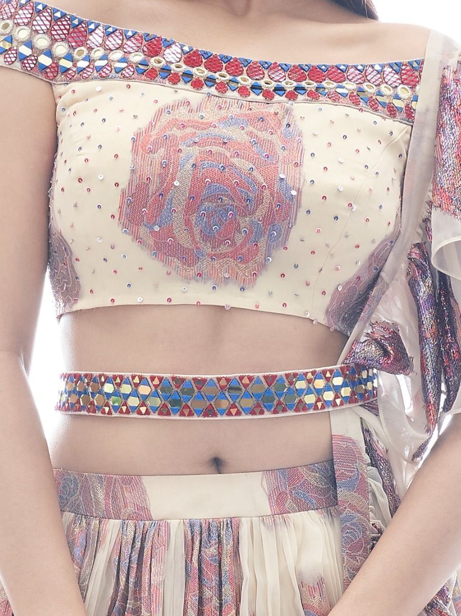 Cream Printed Jacquard Partywear Lehenga Choli with Ruffle Dupatta - Print Work, Embroidery Work, Mirror Work