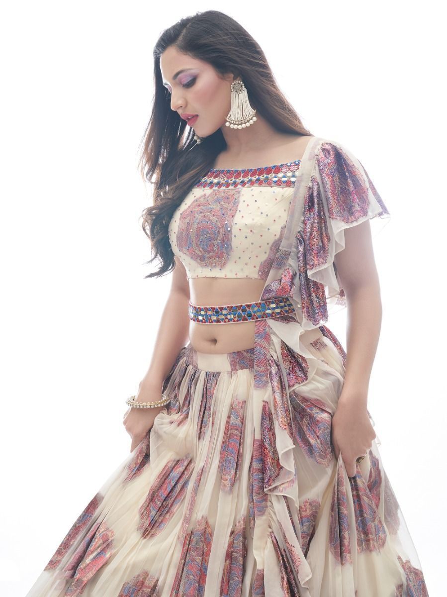 Cream Printed Jacquard Partywear Lehenga Choli with Ruffle Dupatta - Print Work, Embroidery Work, Mirror Work