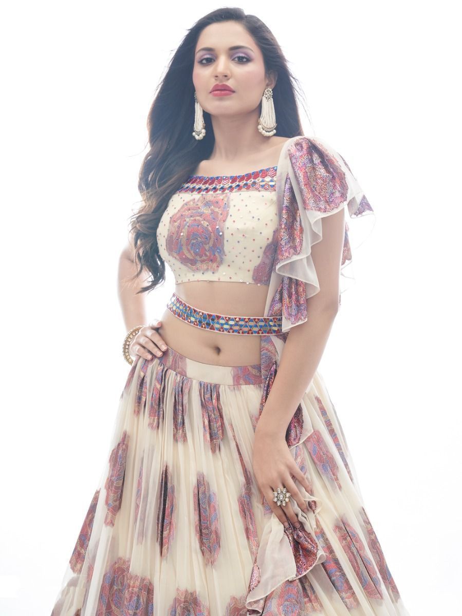 Cream Printed Jacquard Partywear Lehenga Choli with Ruffle Dupatta - Print Work, Embroidery Work, Mirror Work