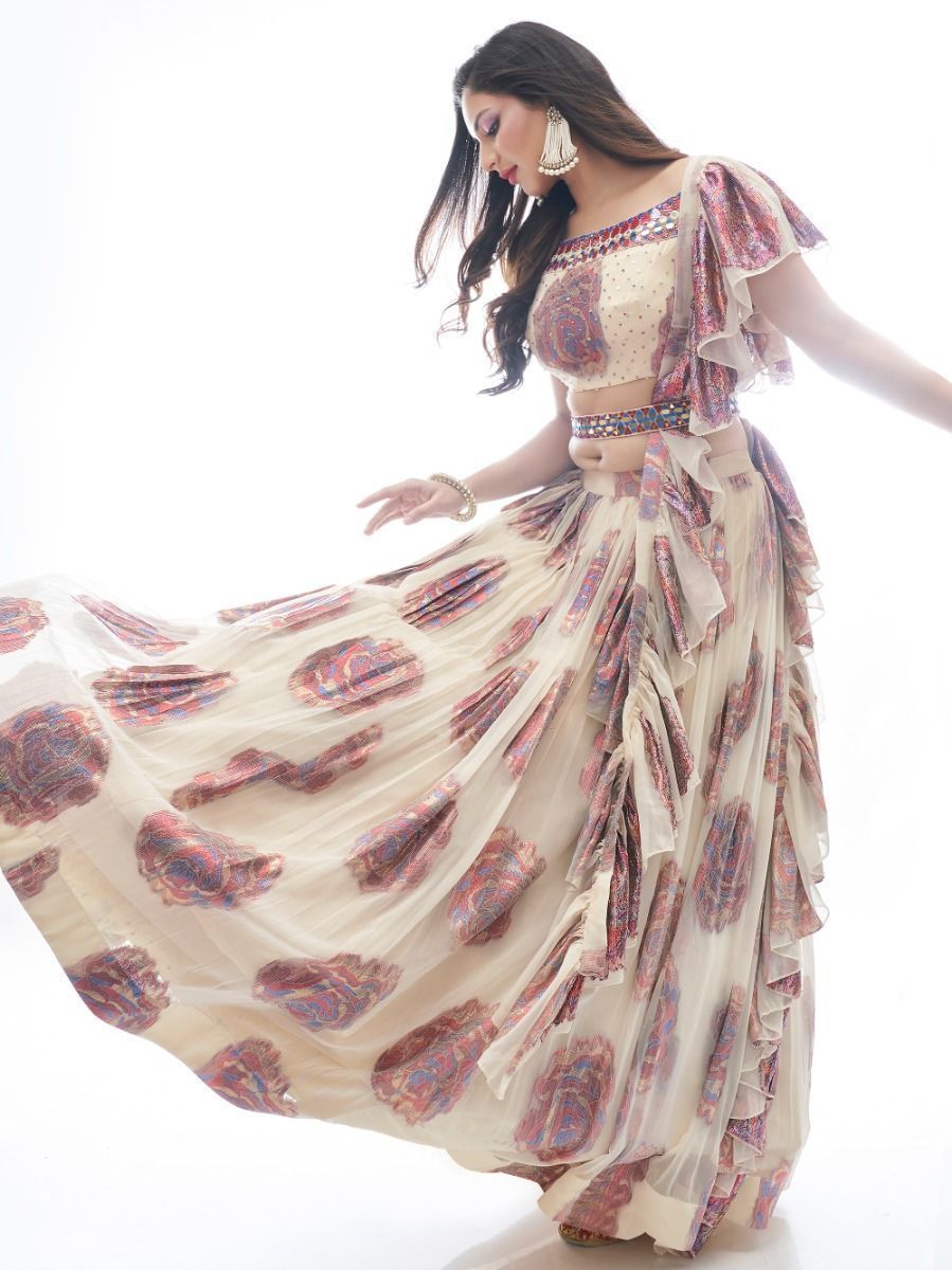 Cream Printed Jacquard Partywear Lehenga Choli with Ruffle Dupatta - Print Work, Embroidery Work, Mirror Work
