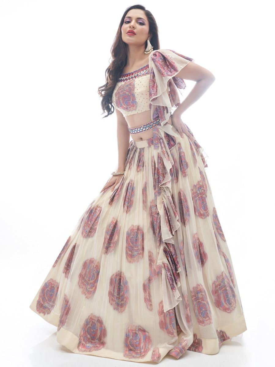 Cream Printed Jacquard Partywear Lehenga Choli with Ruffle Dupatta - Print Work, Embroidery Work, Mirror Work