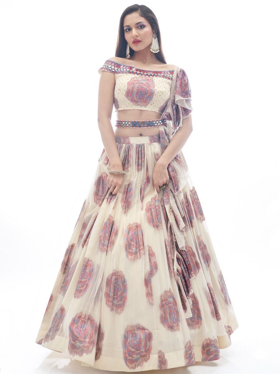 Cream Printed Jacquard Partywear Lehenga Choli with Ruffle Dupatta - Print Work, Embroidery Work, Mirror Work