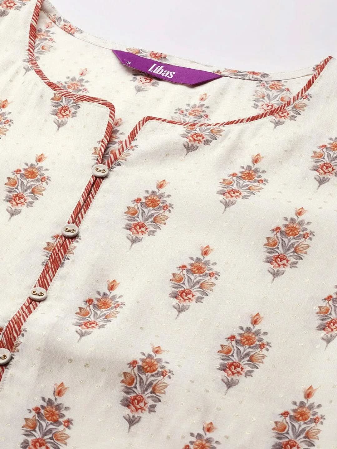 Anouk Cream Printed Silk Blend Straight Kurta With Palazzos & Dupatta