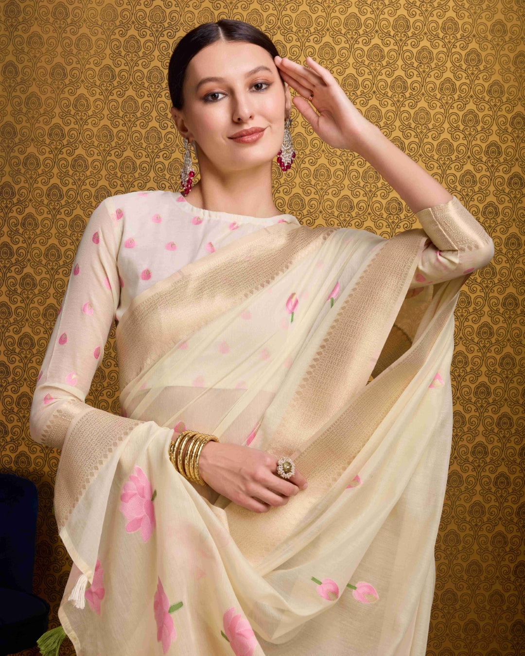 Cream Radiant Floral Printed Saree with Zari Border