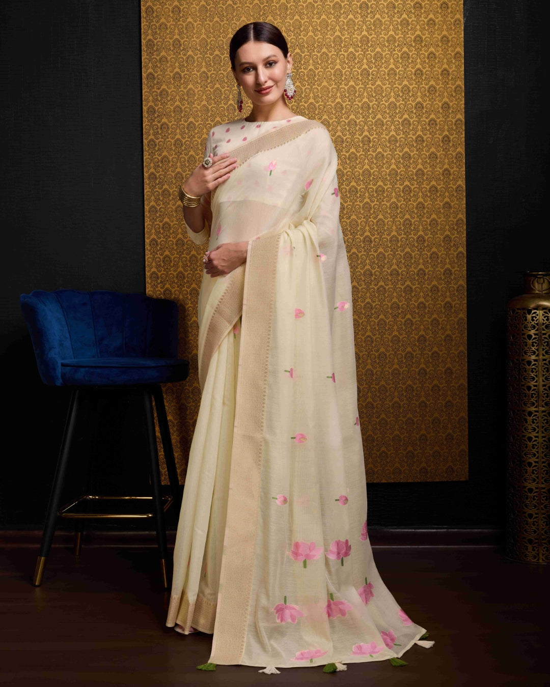 Cream Radiant Floral Printed Saree with Zari Border