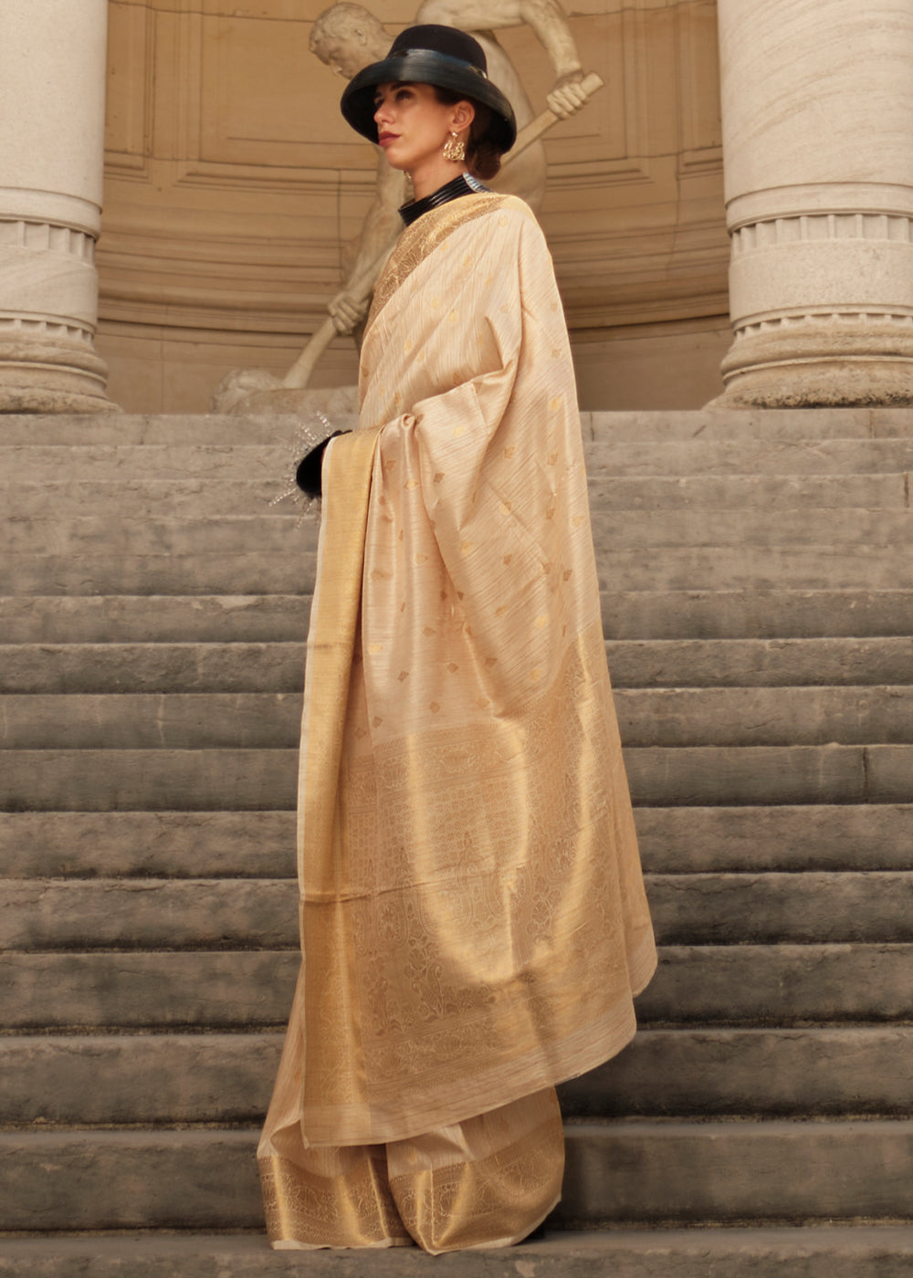 Cream Regal Banarasi Blended Silk Saree with Intricate Timeless Design & Unstitched Blouse