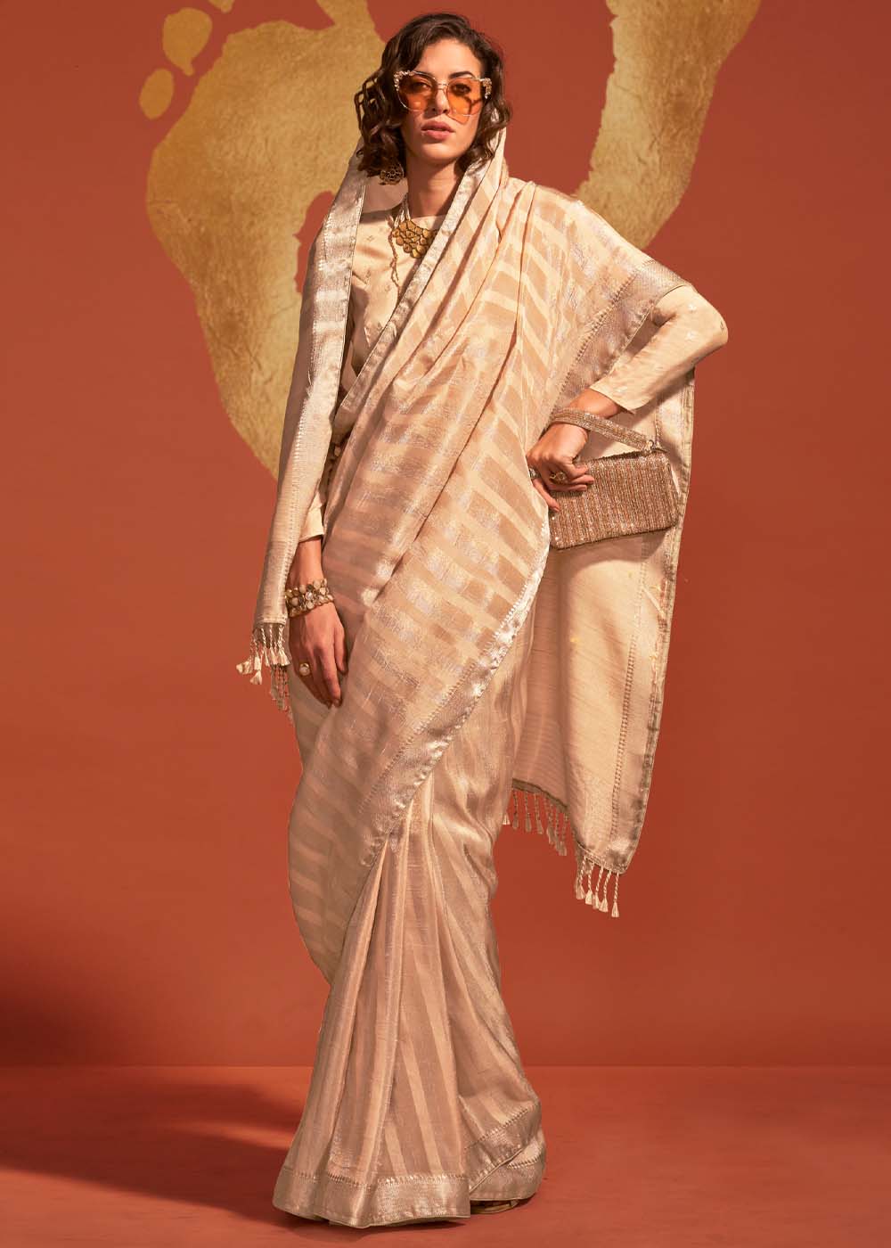 Cream Regal Banarasi Blended Silk Saree with Timeless Intricate Design