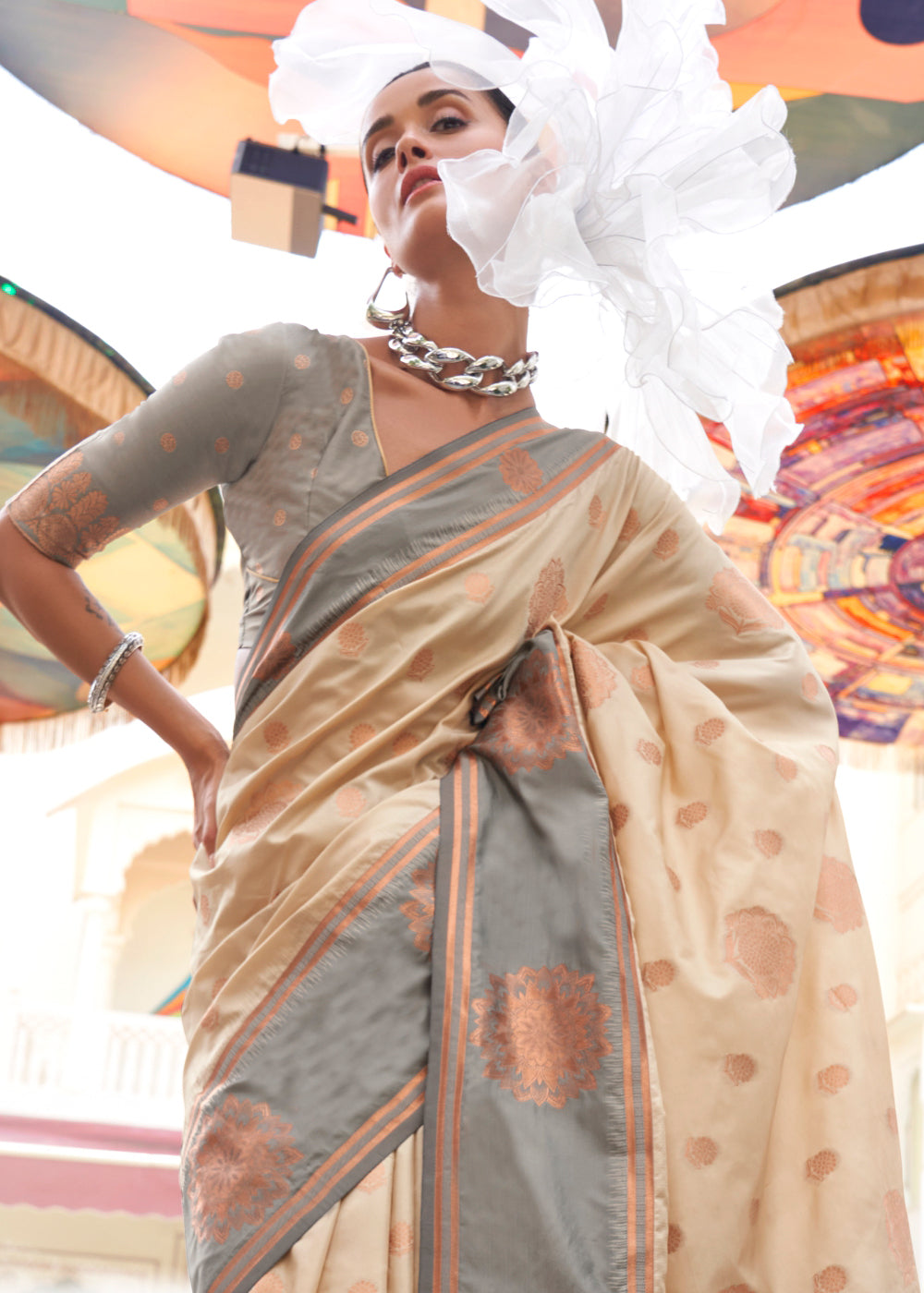Cream Regal Banarasi Silk Saree – Vintage Elegance with Intricate Detailing