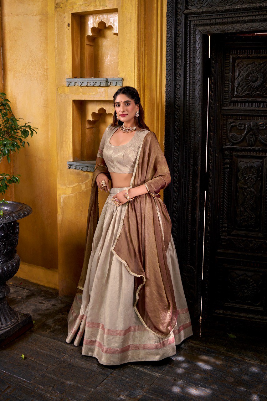 Cream Royal Dupion Silk Zari Weaving Lehenga Choli with Zari Shimmer Dupatta – Stitched Traditional Ensemble
