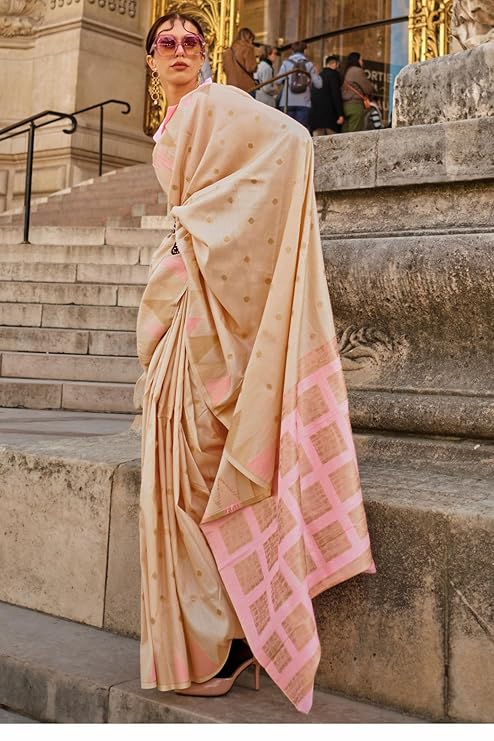 Cream Women's Banarasi Silk Blend Saree with Unstitched Blouse Piece