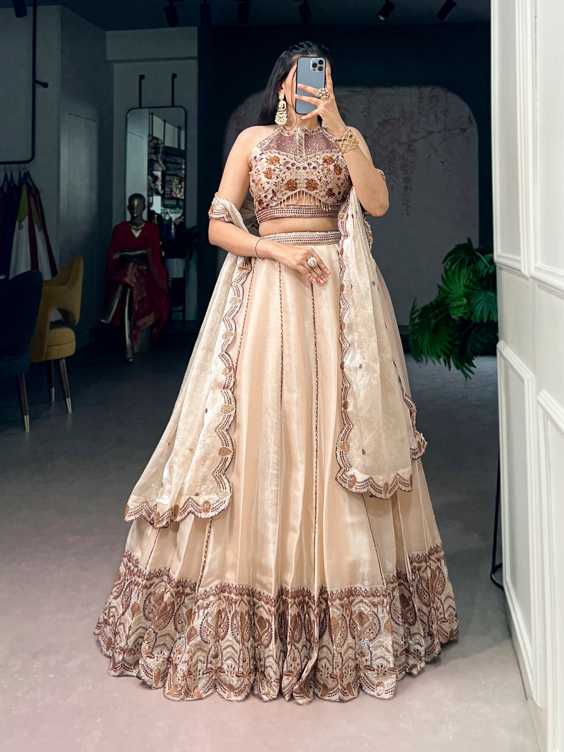 Cream Sequins Lehenga Set