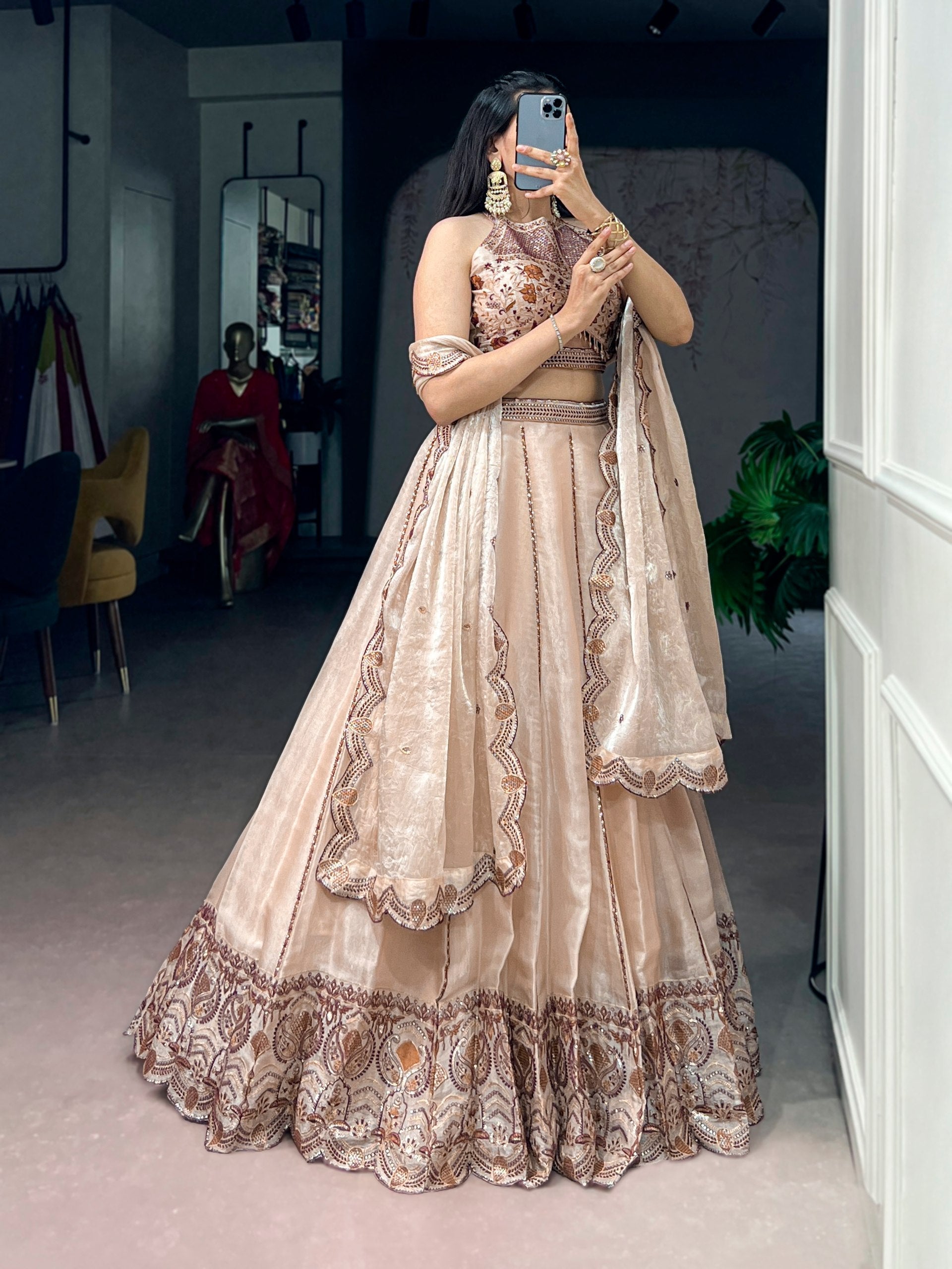 Cream Sequins Lehenga Set