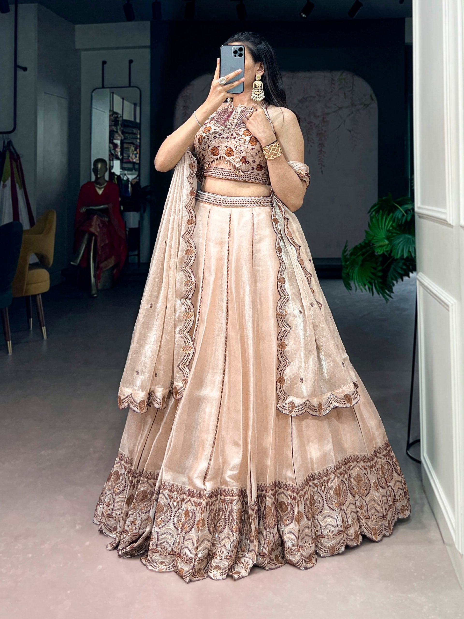 Cream Sequins Lehenga Set