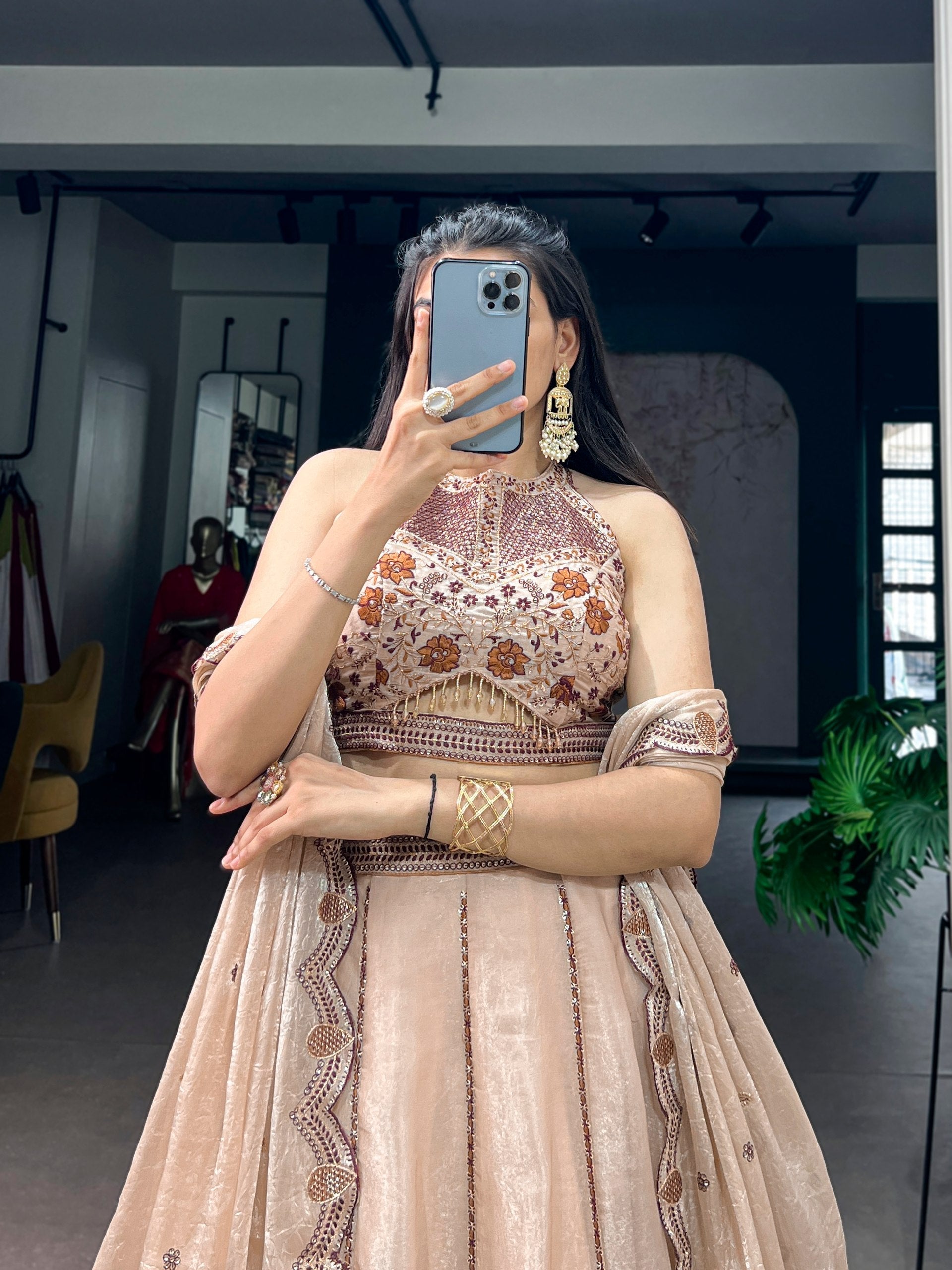 Cream Sequins Lehenga Set