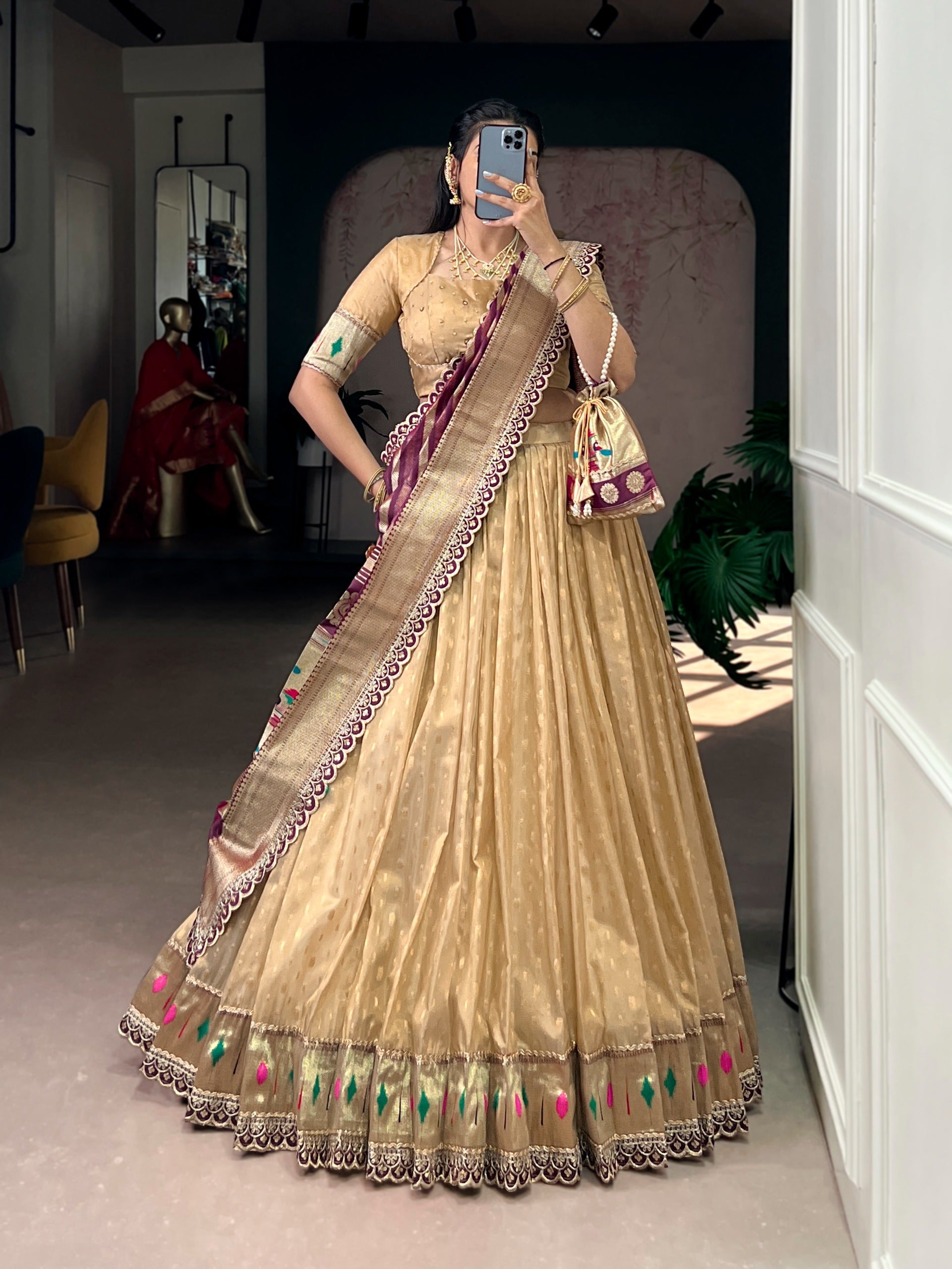Cream Simmer Lehenga with Paithani Dupatta & Batwa