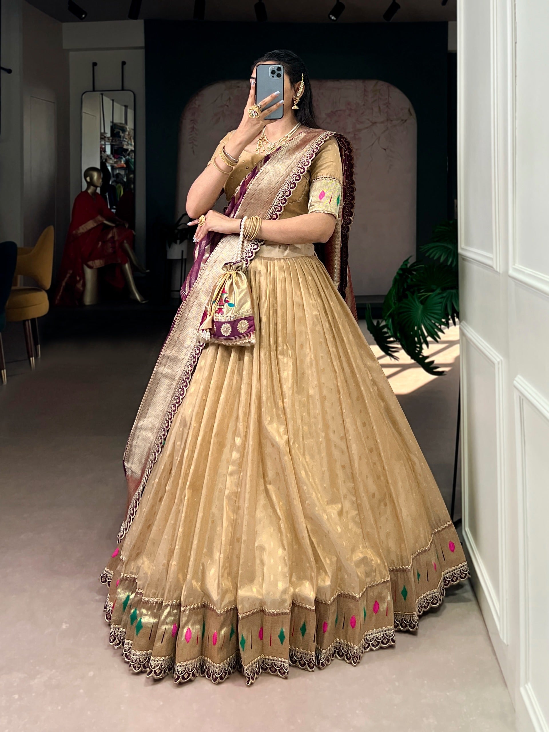 Cream Simmer Lehenga with Paithani Dupatta & Batwa