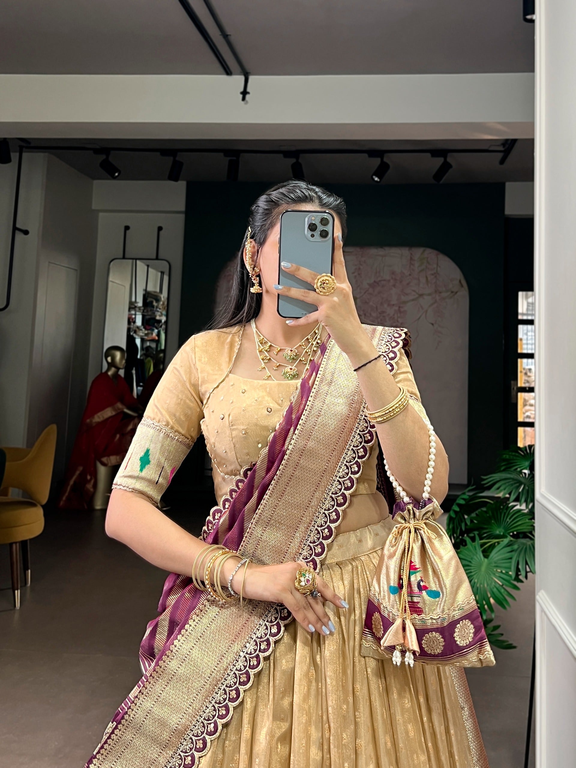 Cream Simmer Lehenga with Paithani Dupatta & Batwa