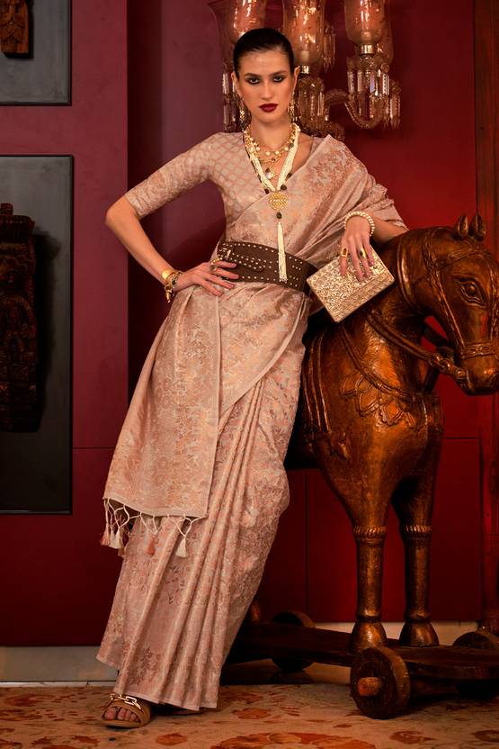 Cream Stylish Party Wear Saree with Unstitched Blouse Piece