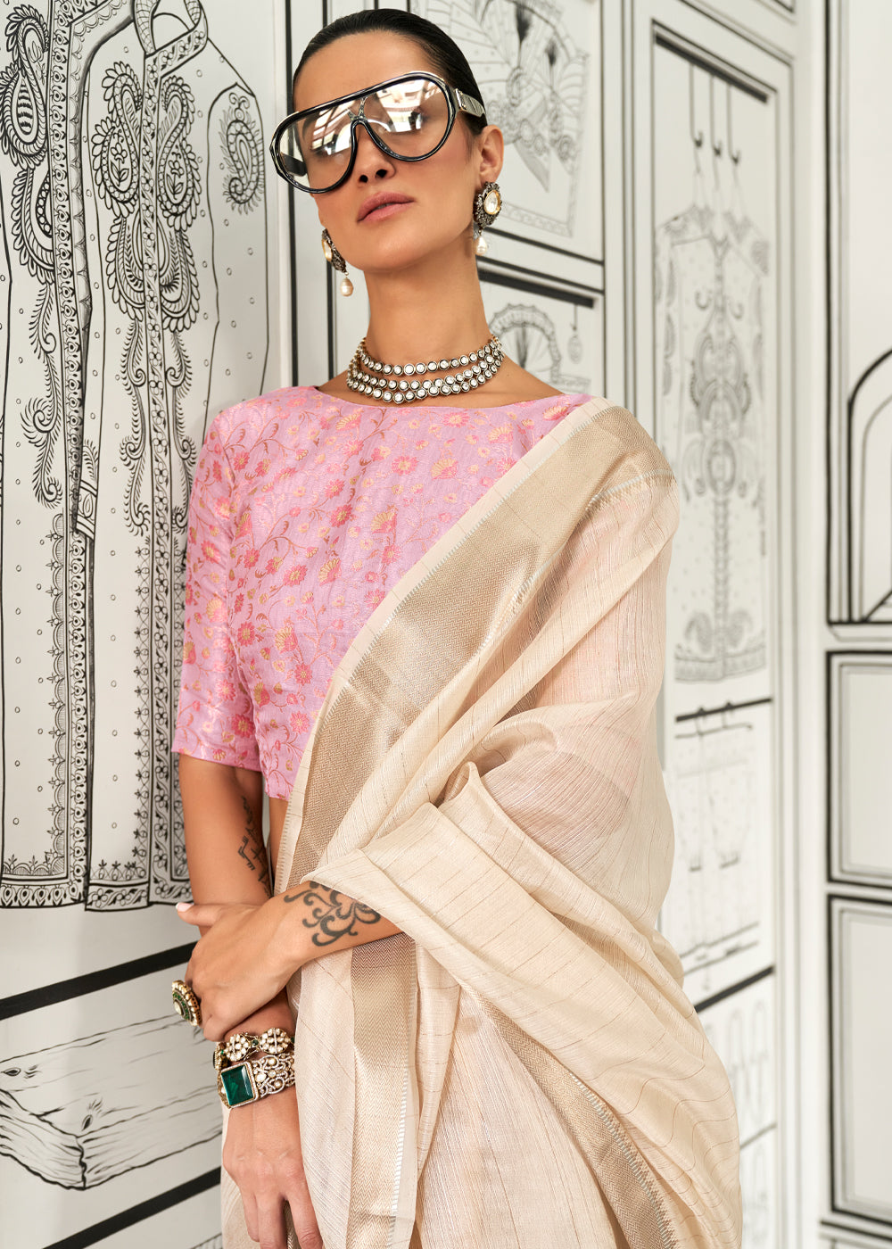 Cream Timeless Elegance Moss Chiffon Silk Saree – Grand & Bestselling Design