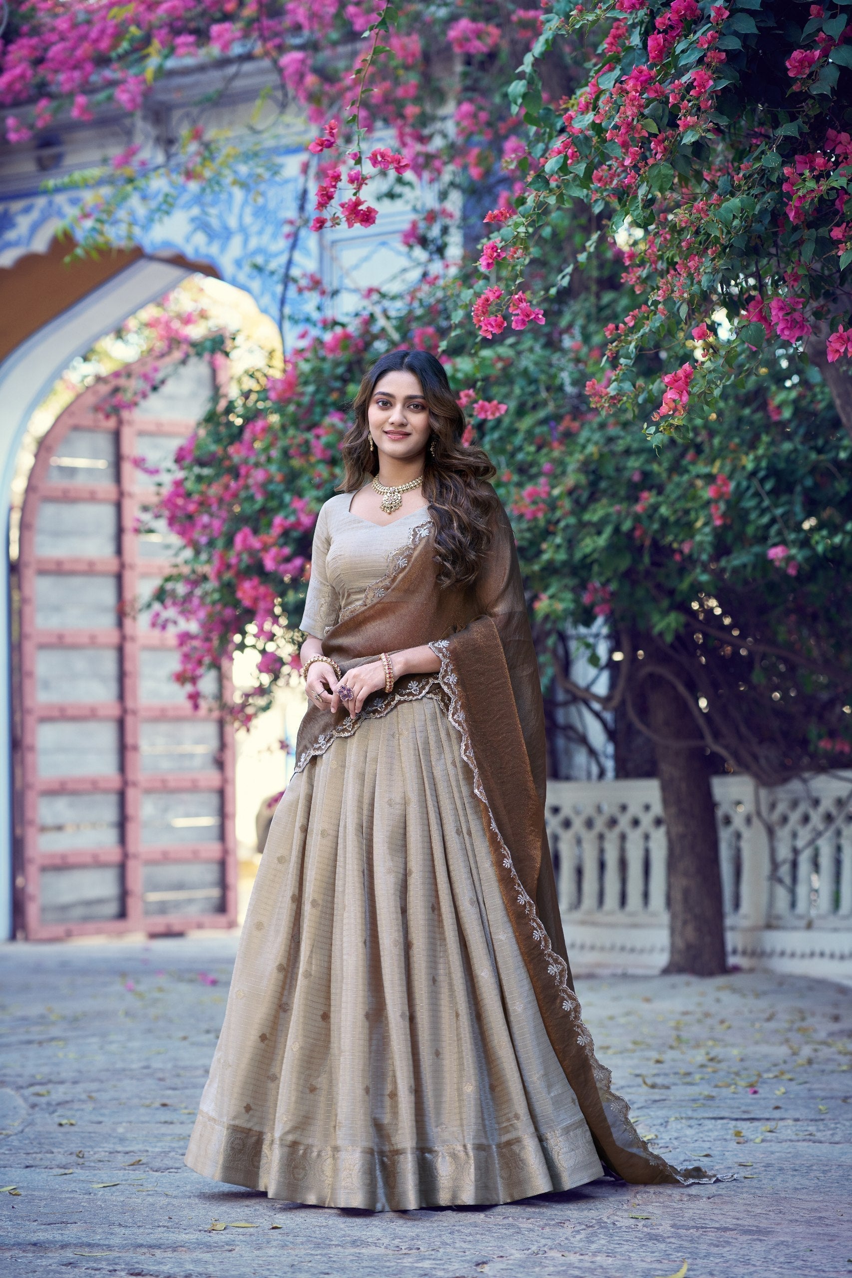 Cream Traditional Festive Checks Lehenga Set
