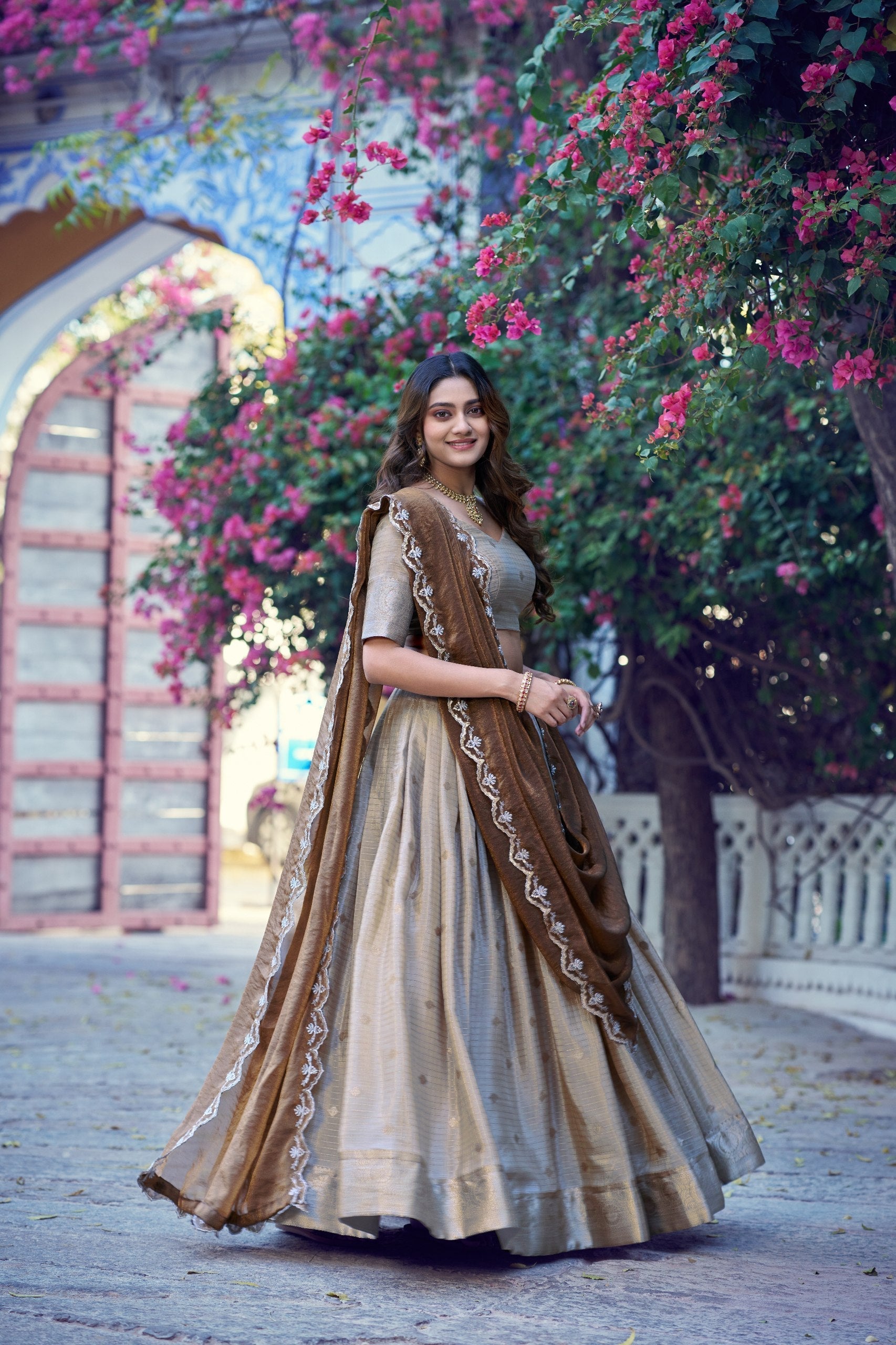 Cream Traditional Festive Checks Lehenga Set