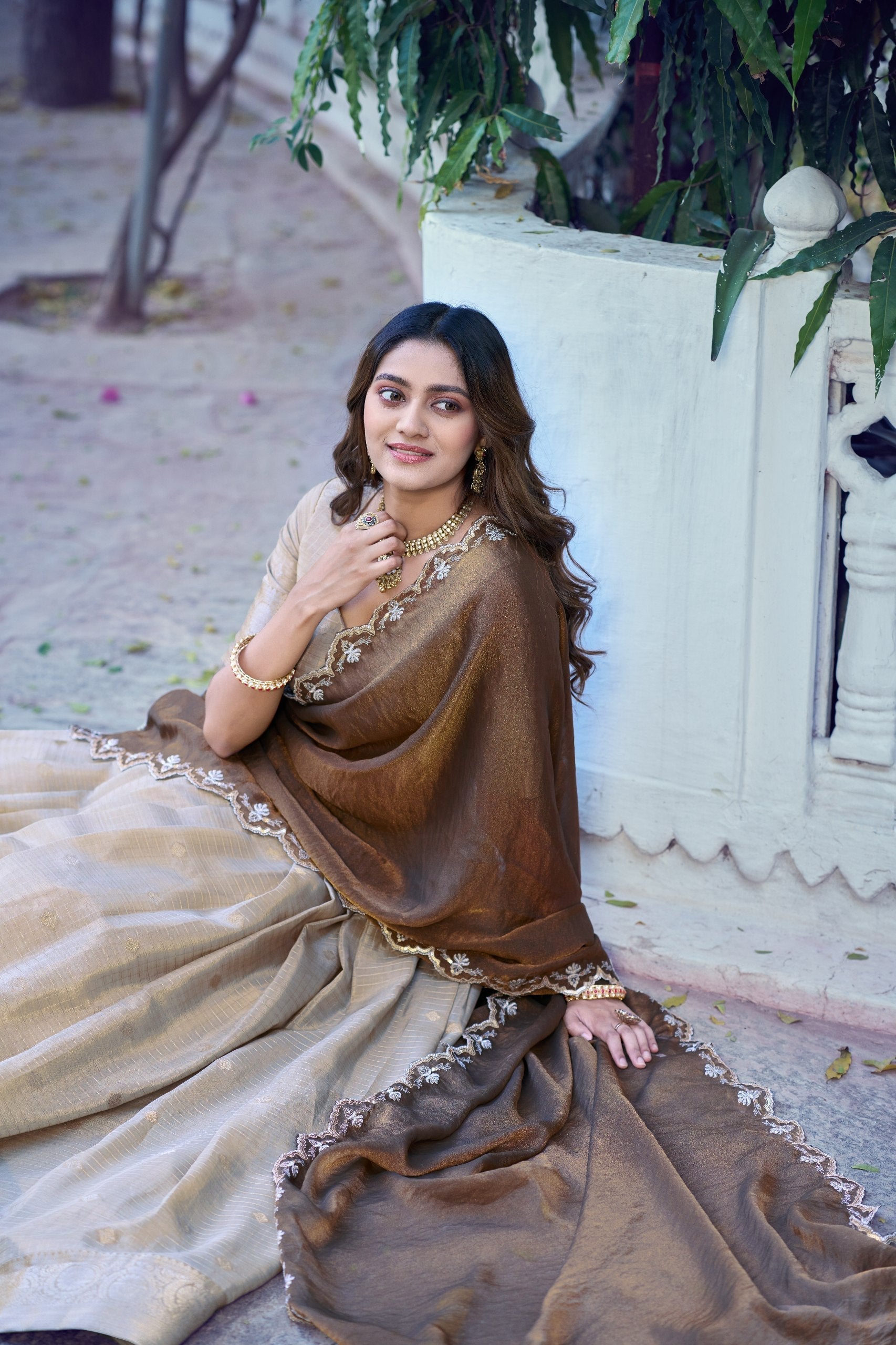 Cream Traditional Festive Checks Lehenga Set