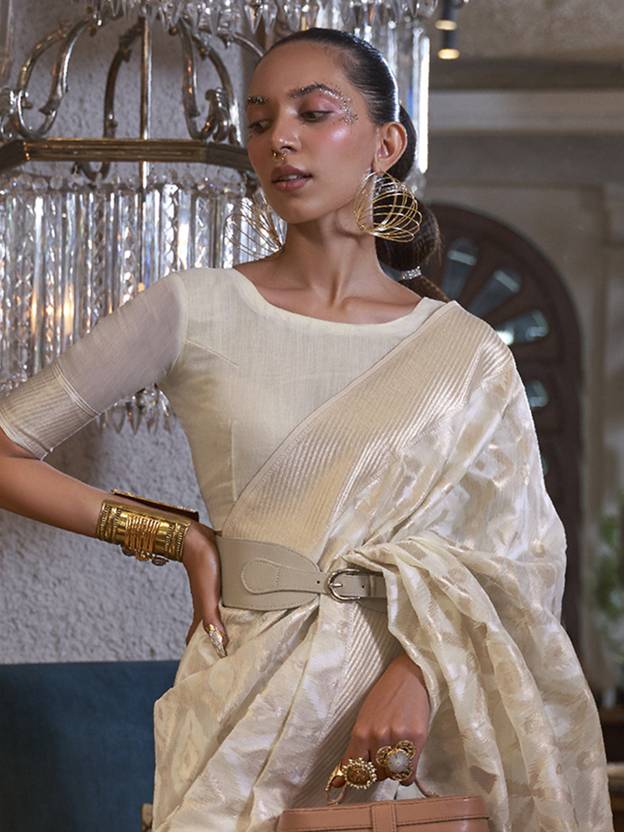 Cream Traditional Linen Banarasi Saree with Unstitched Blouse Piece