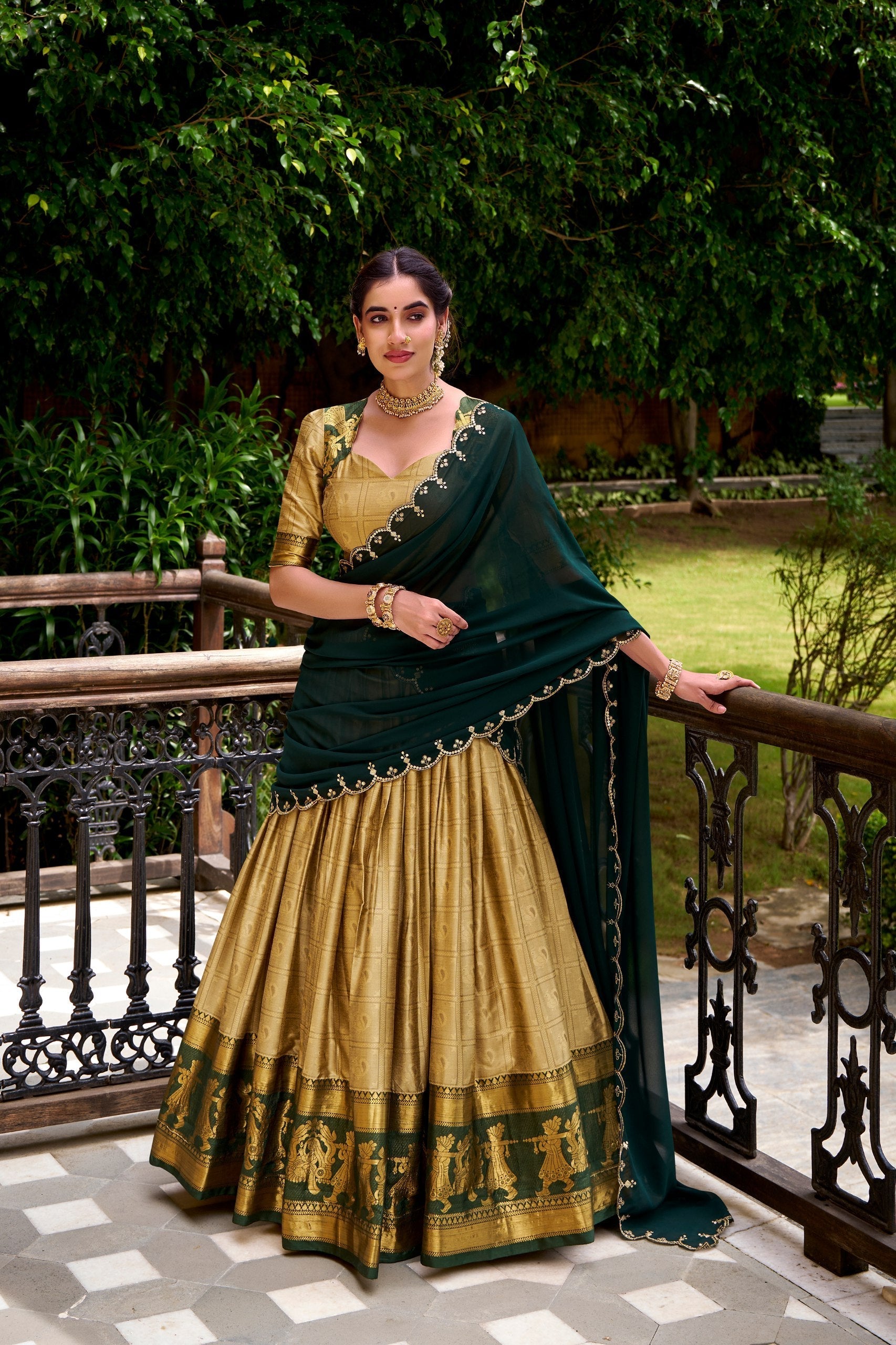 Cream Traditional Poly Cotton Lehenga with Zari Weaving Work & Georgette Embroidered Dupatta – Stitched Lehenga with Unstitched Blouse