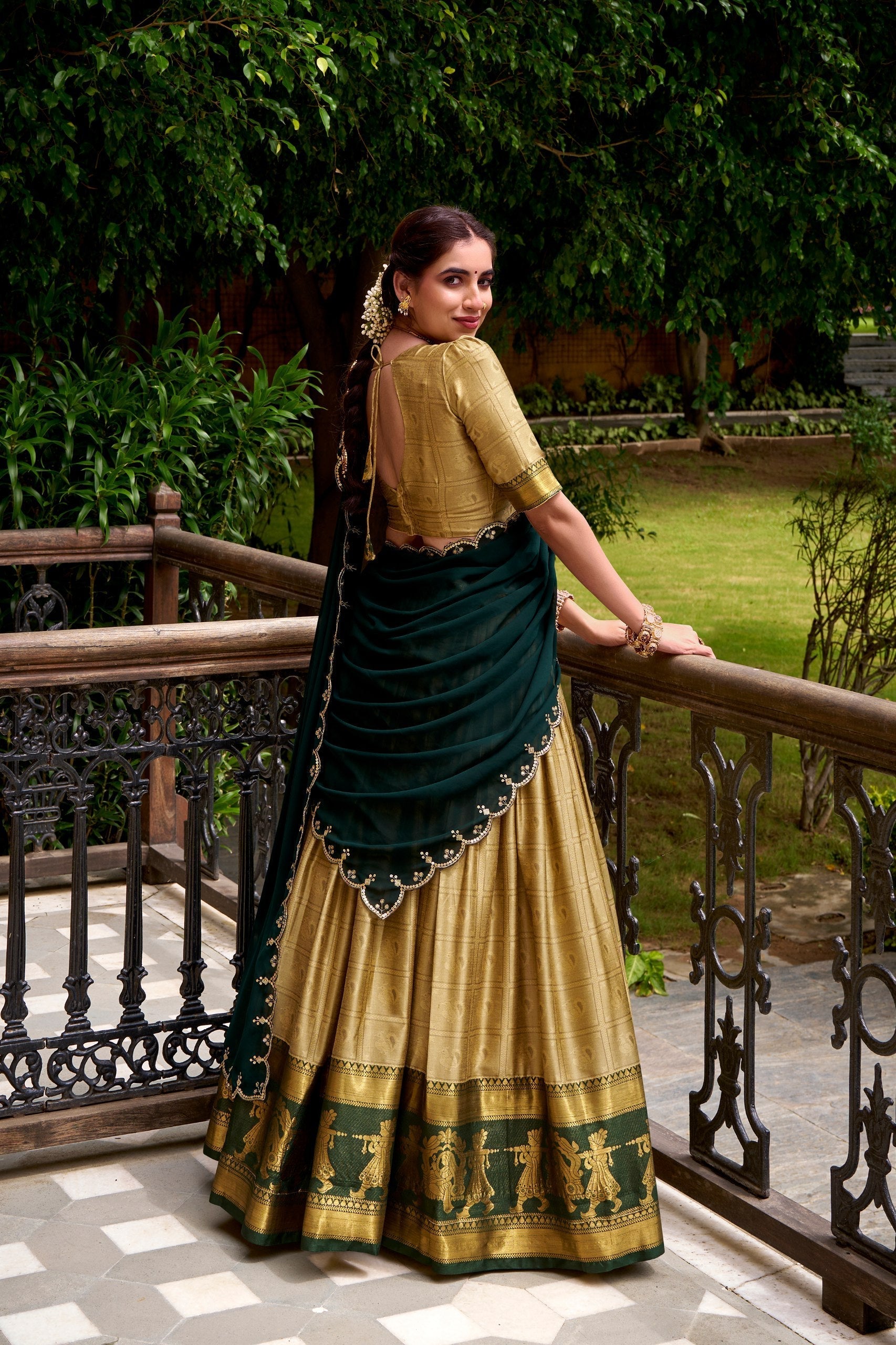 Cream Traditional Poly Cotton Lehenga with Zari Weaving Work & Georgette Embroidered Dupatta – Stitched Lehenga with Unstitched Blouse