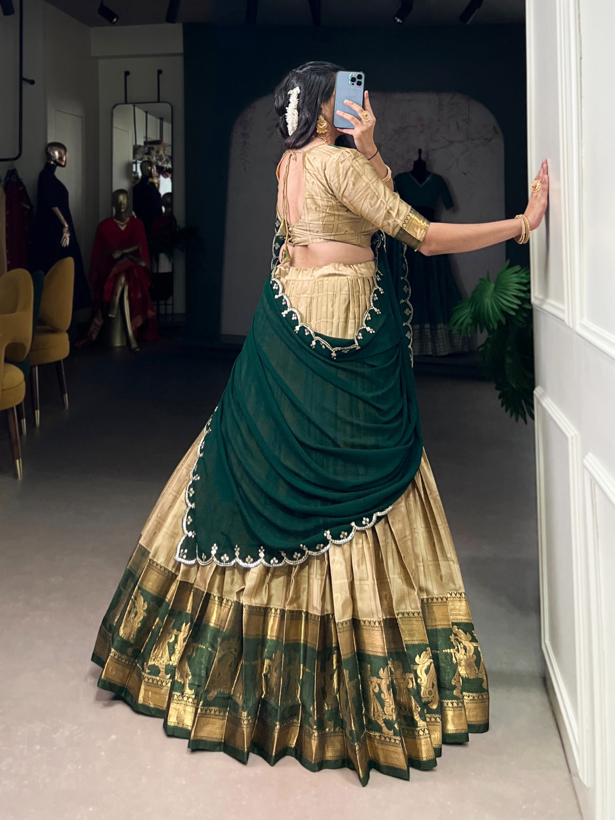 Cream Traditional Poly Cotton Lehenga with Zari Weaving Work & Georgette Embroidered Dupatta – Stitched Lehenga with Unstitched Blouse