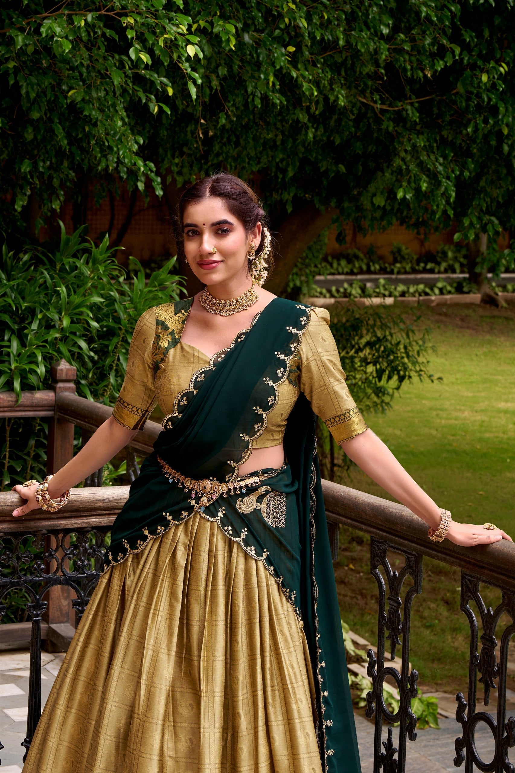 Cream Traditional Poly Cotton Lehenga with Zari Weaving Work & Georgette Embroidered Dupatta – Stitched Lehenga with Unstitched Blouse