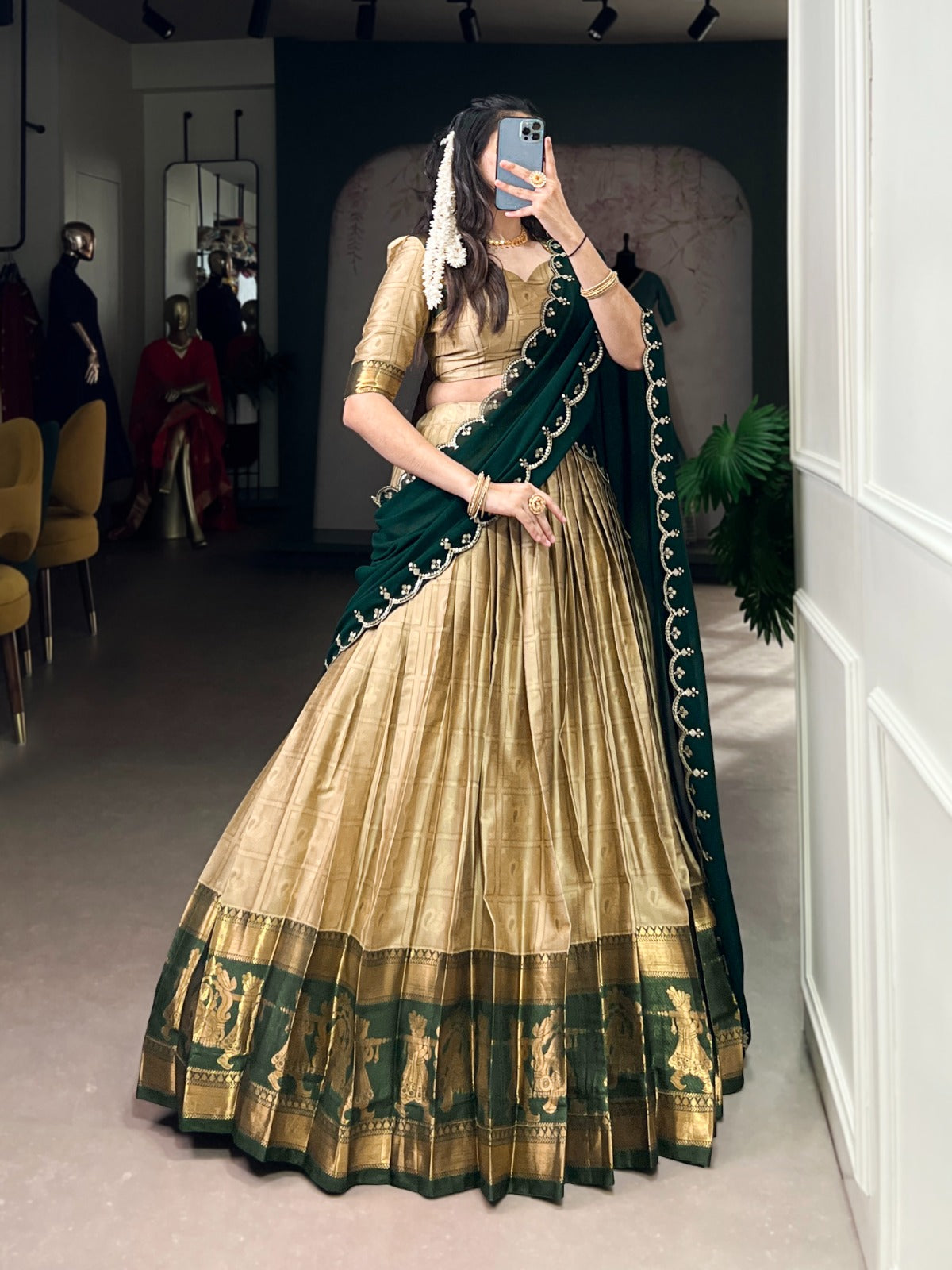 Cream Traditional Poly Cotton Lehenga with Zari Weaving Work & Georgette Embroidered Dupatta – Stitched Lehenga with Unstitched Blouse
