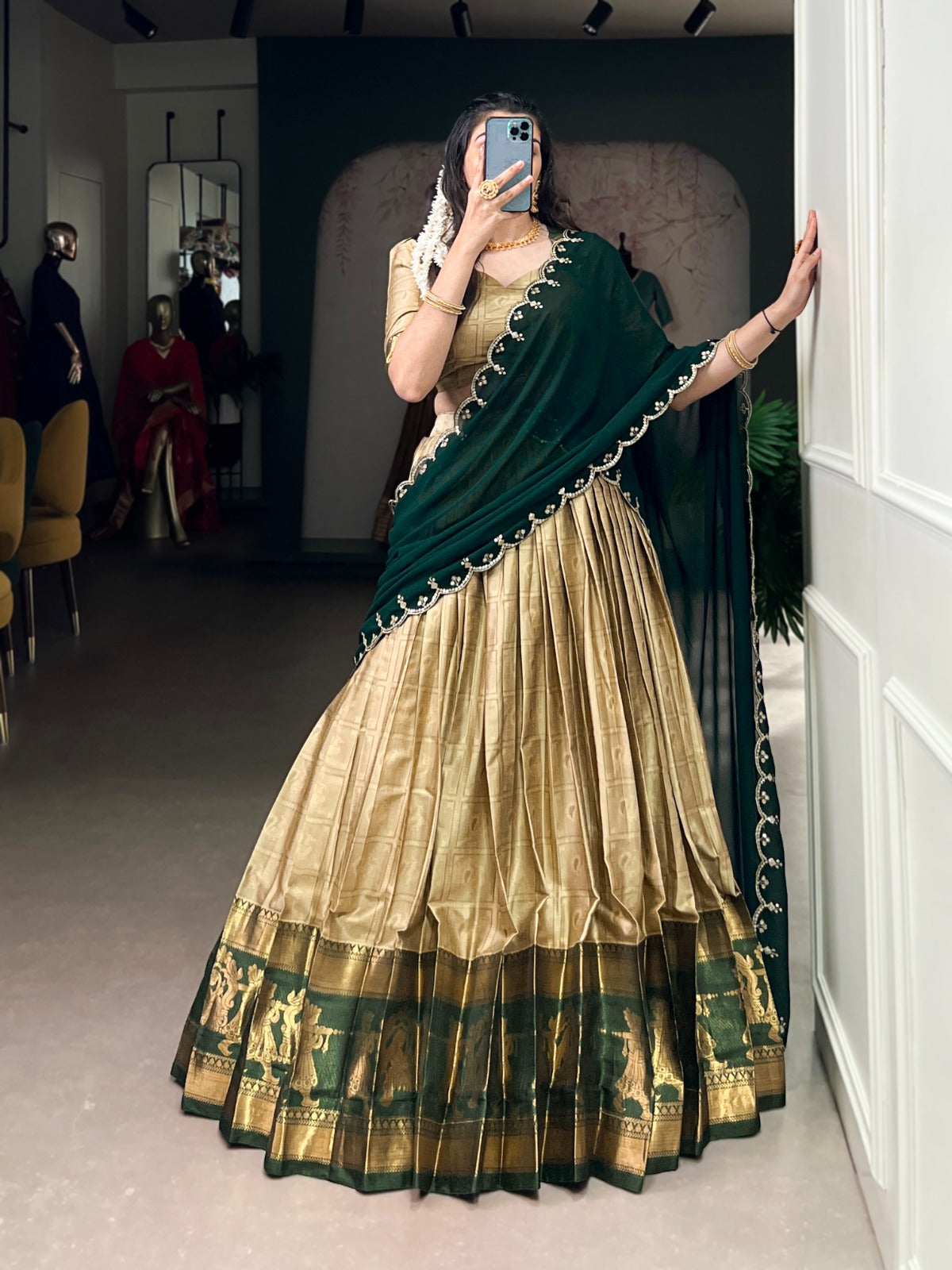 Cream Traditional Poly Cotton Lehenga with Zari Weaving Work & Georgette Embroidered Dupatta – Stitched Lehenga with Unstitched Blouse