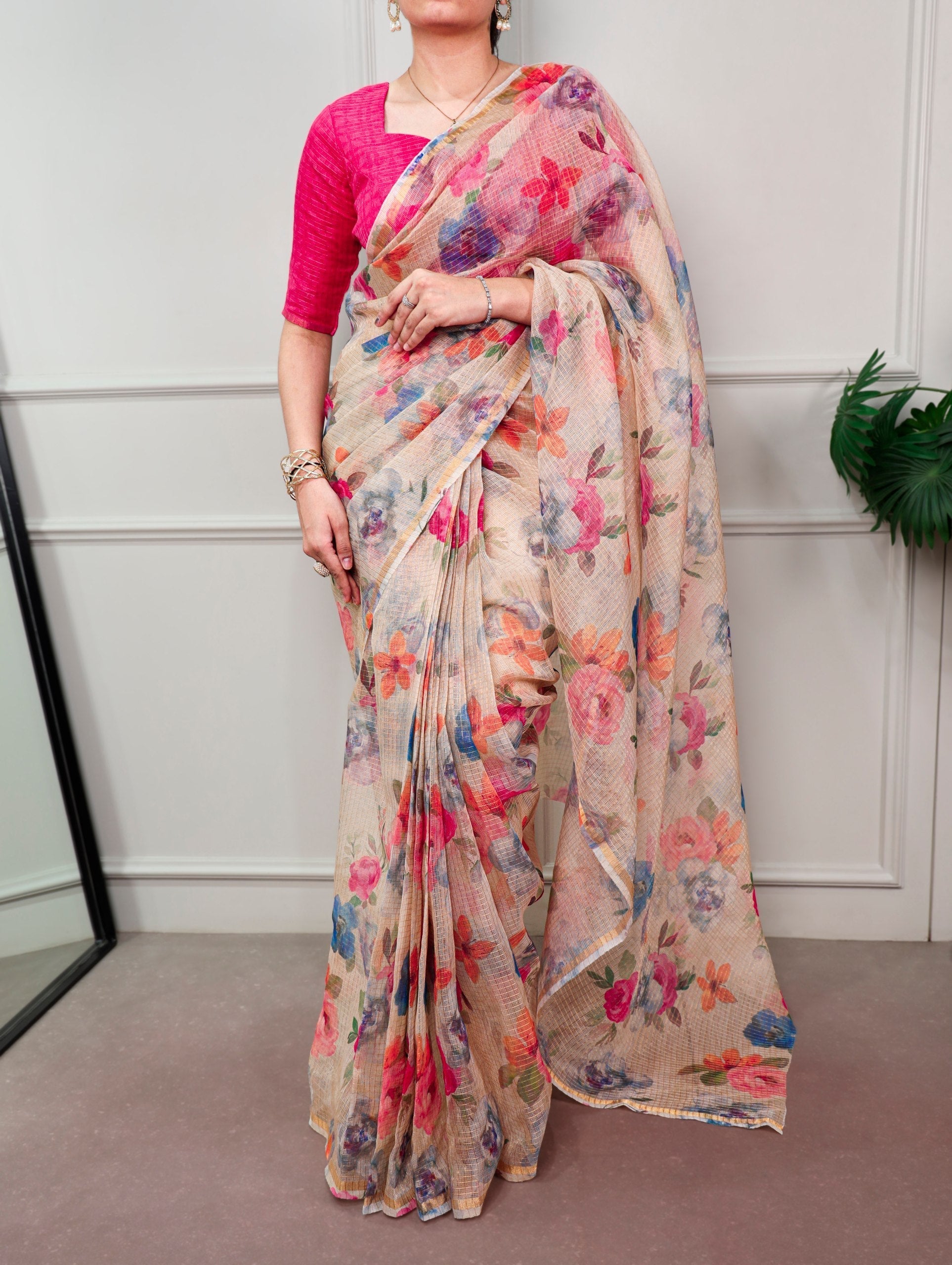 Cream Trendy Floral Ethnic Saree