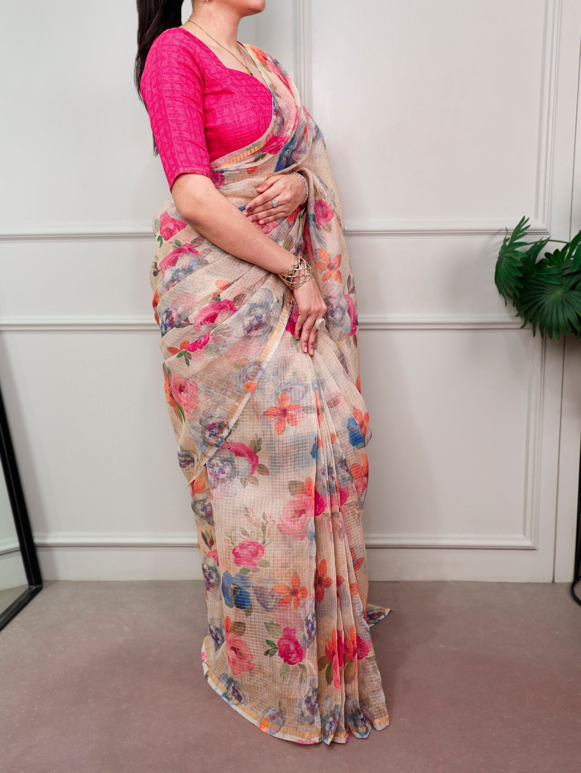 Cream Trendy Floral Ethnic Saree