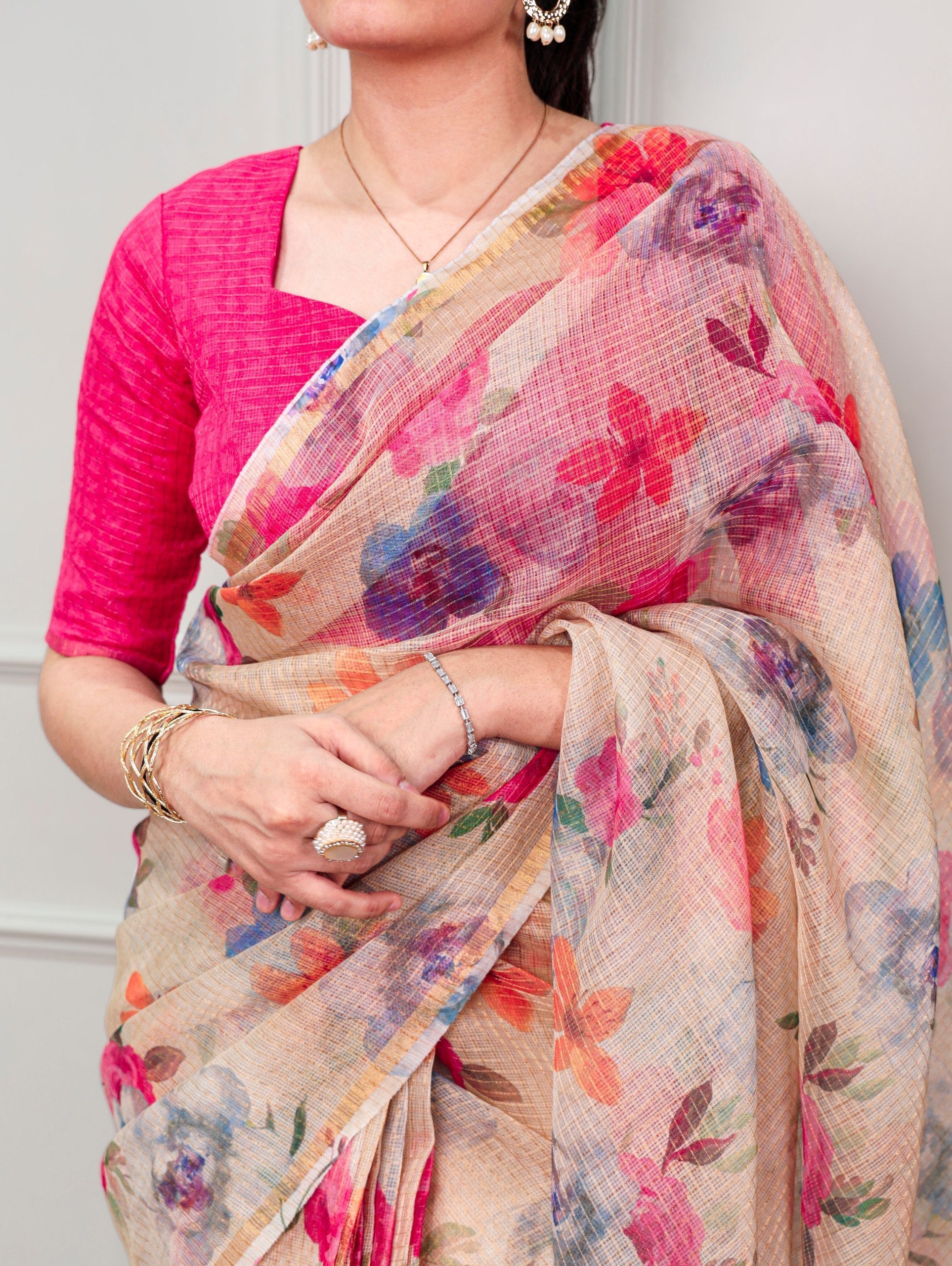 Cream Trendy Floral Ethnic Saree