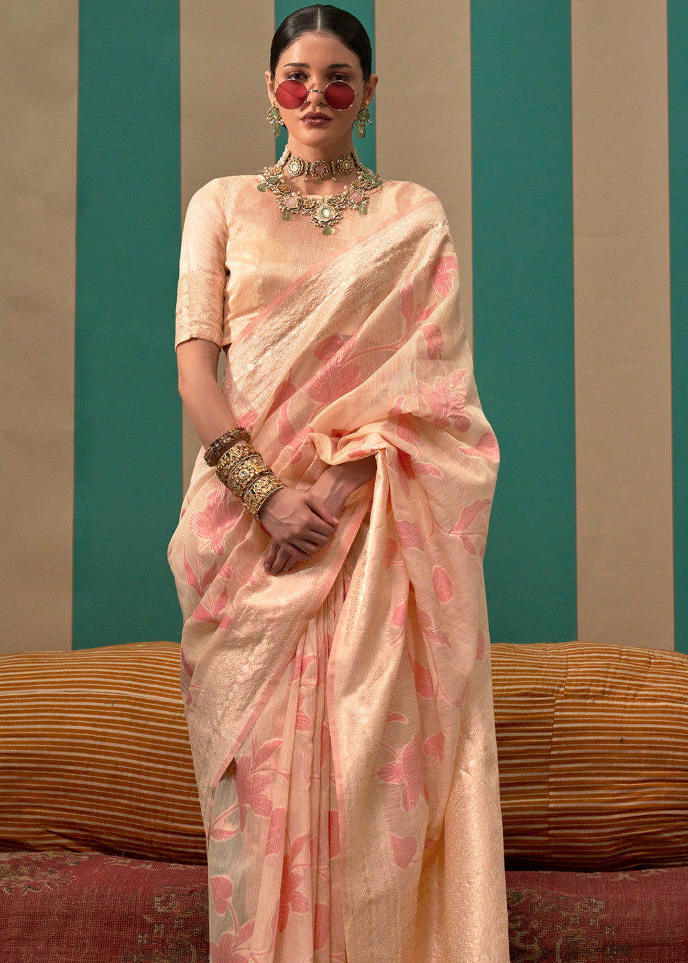 Cream Woven Cotton Silk Blend Linen Saree with Unstitched Blouse