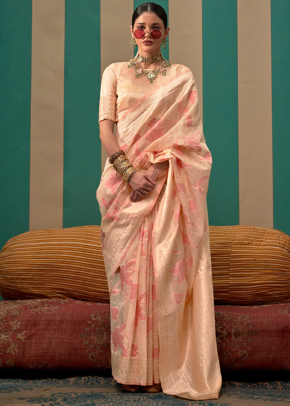 Cream Woven Cotton Silk Blend Linen Saree with Unstitched Blouse