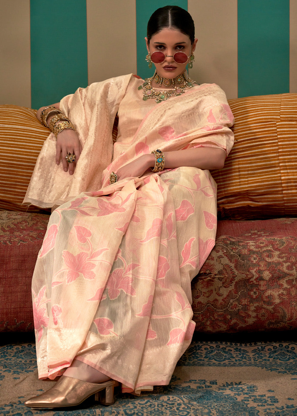 Cream Woven Cotton Silk Blend Linen Saree with Unstitched Blouse